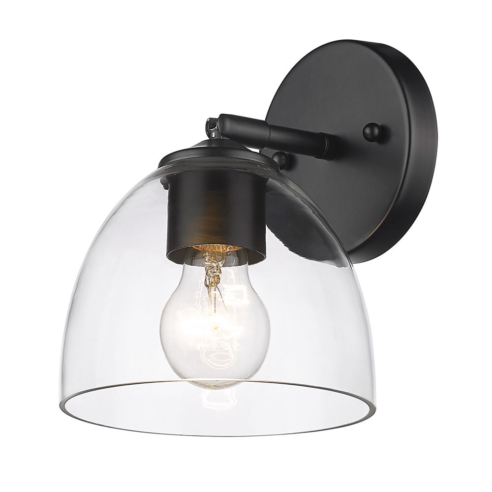 Golden Lighting 6958-1W BLK-BLK-CLR Roxie 1 Light Wall Sconce in Matte Black with Matte Black Accents and Clear Glass Shade